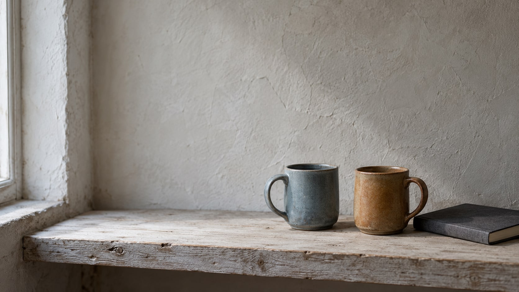 Two plain ceramic mugs, one blue and one amber, side by side on a wooden shelf beside a closed notebook.
