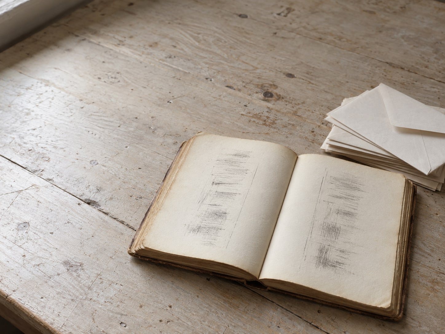 A small ledger book open on a desk with faint pencil marks in two columns, next to a stack of unmarked envelopes.