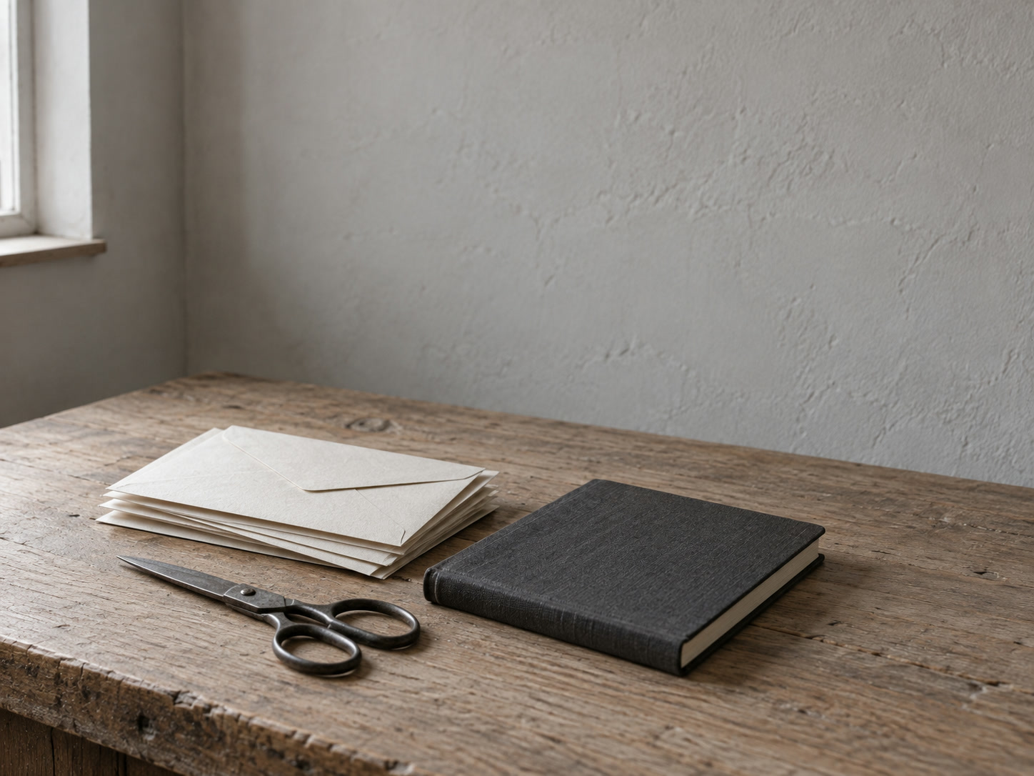 Una pequeña pila de sobres sin abrir junto a unas tijeras y un cuaderno cerrado sobre una mesa de roble sencilla.