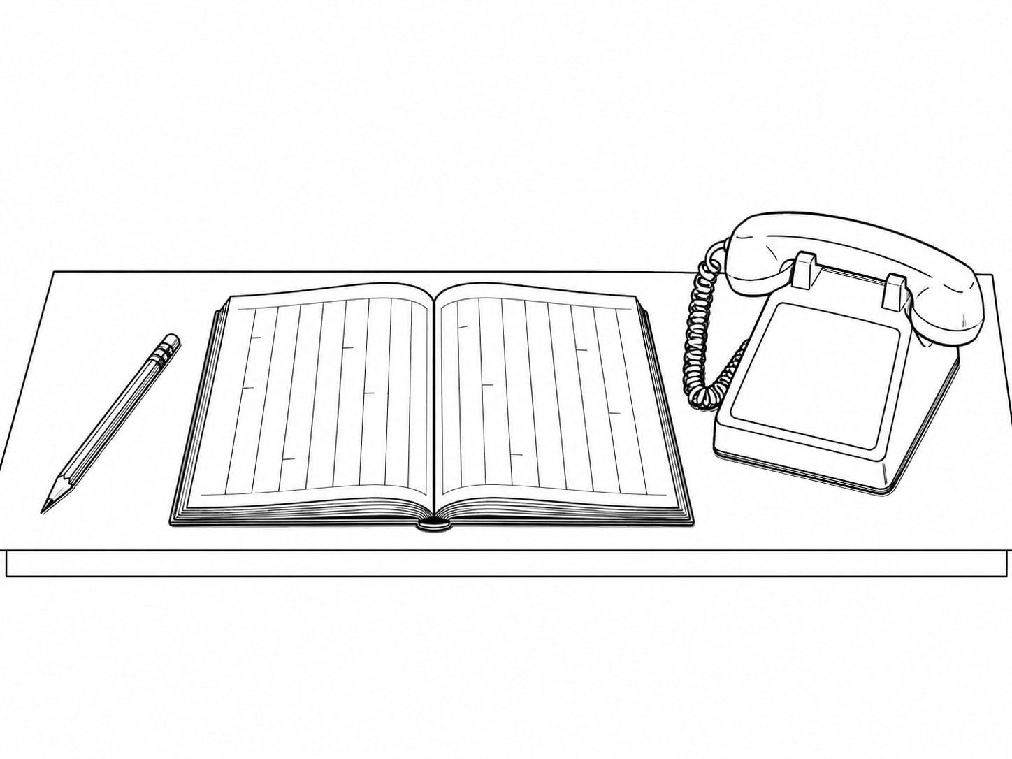 Un cuaderno abierto con trazos tenues e ilegibles a lápiz en columnas estrechas, un lápiz y un teléfono de escritorio apagado sobre un mostrador de madera.