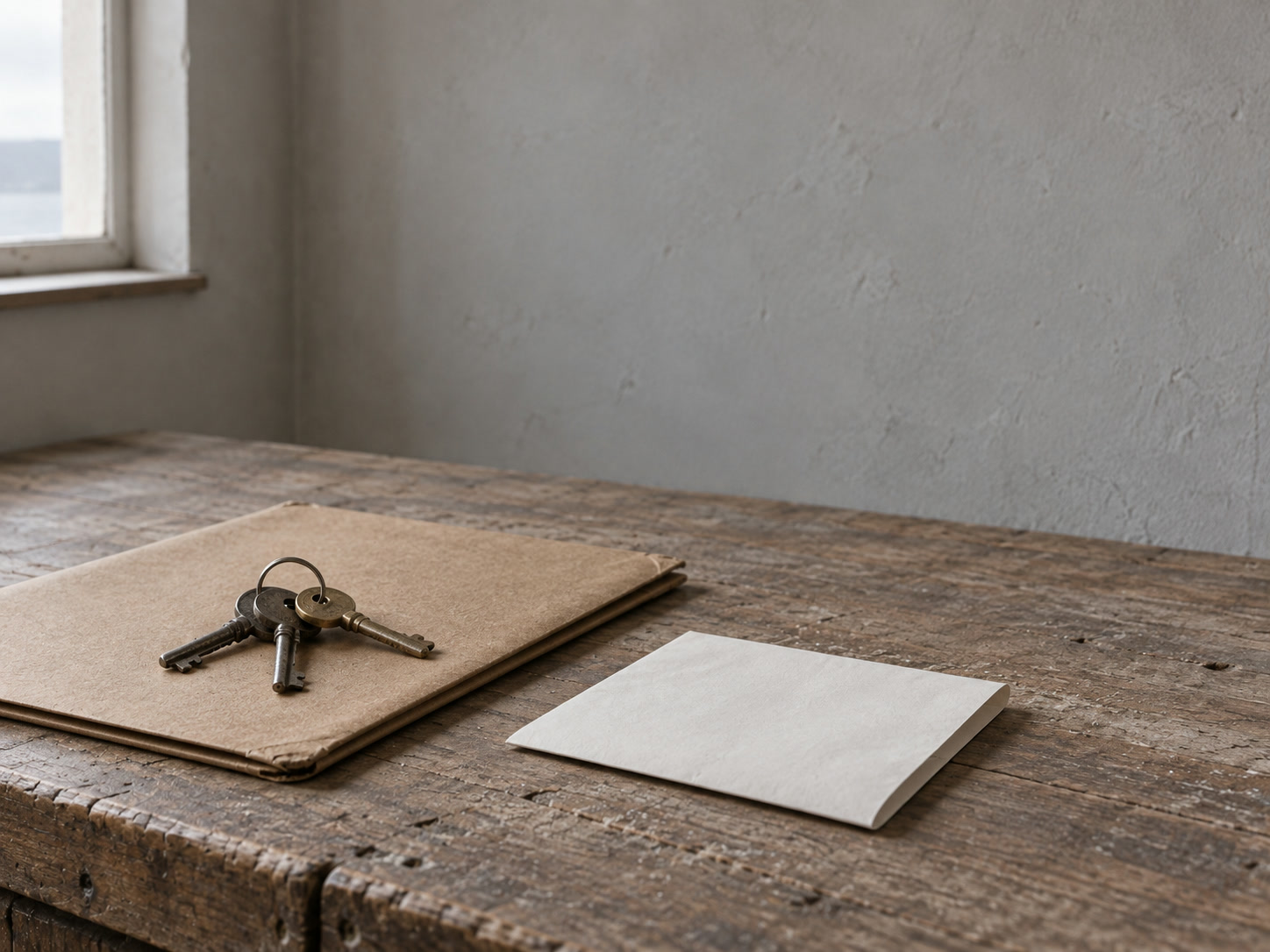 Un pequeño llavero sobre una carpeta cerrada junto a un estado de cuenta de papel en blanco doblado, en un escritorio de madera gastado.