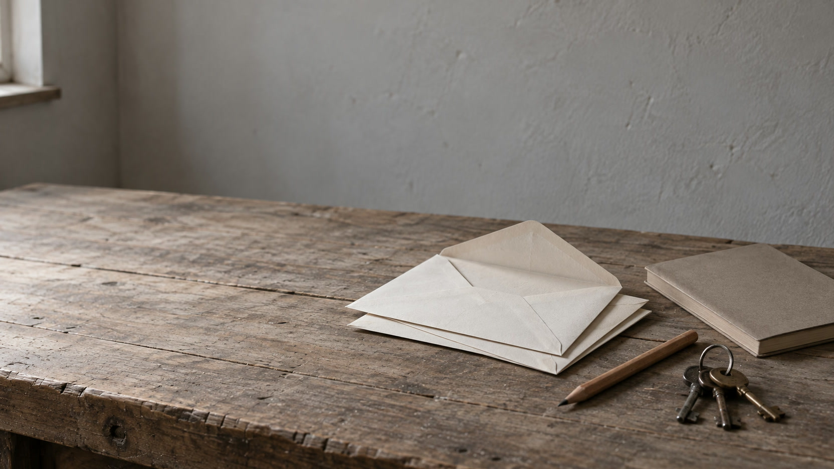 Una pequeña pila de sobres abiertos junto a un cuaderno cerrado, un lápiz y un pequeño llavero en un escritorio de madera gastado.