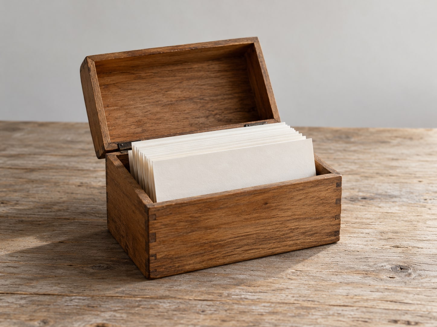 A small wooden recipe box with its lid open and several blank index cards standing upright inside.