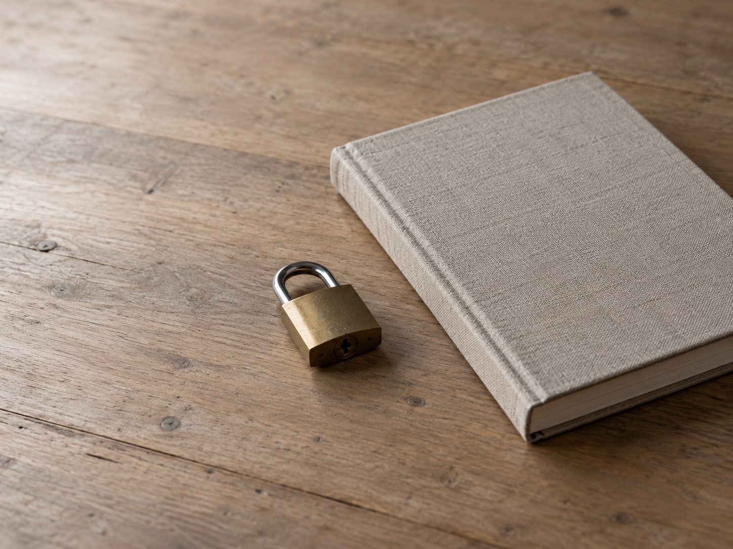 A small brass padlock lying beside a closed notebook on a plain table.