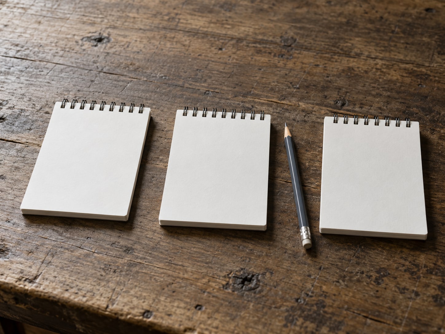 Three blank notepads in a row on a wooden desk with a pencil resting beside the middle one.