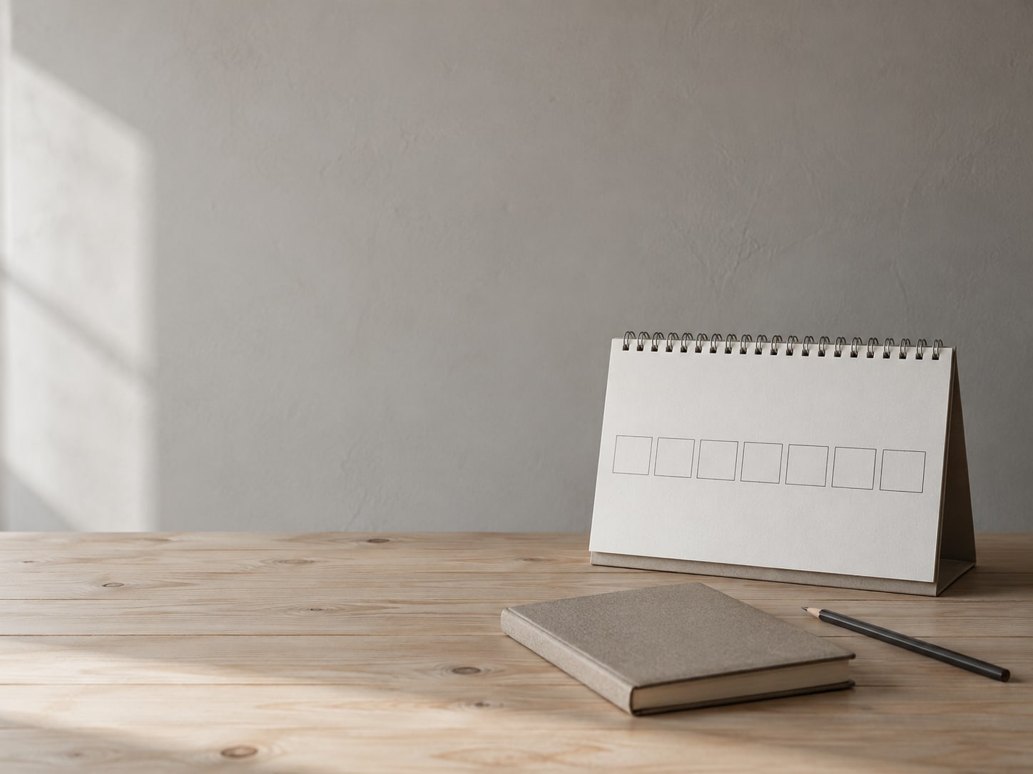 A wall calendar with one week left blank beside a closed notebook and a pencil on a light wooden desk.