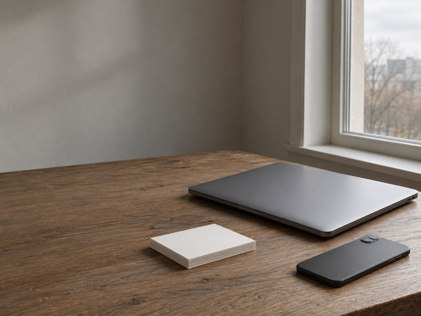 A closed laptop and a phone lying face down on a desk beside a small stack of blank index cards.