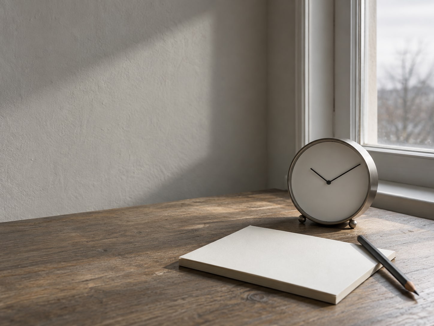 A small analog clock beside a plain notepad and a pencil on a wooden table near a window.