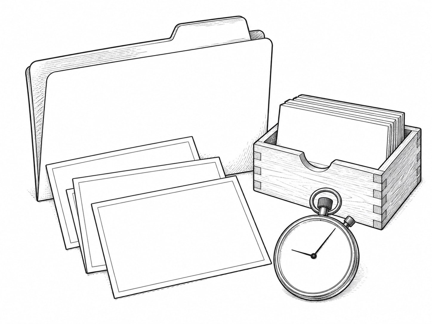 A folder of printed photographs beside a small wooden box of index cards and a stopwatch on a table.