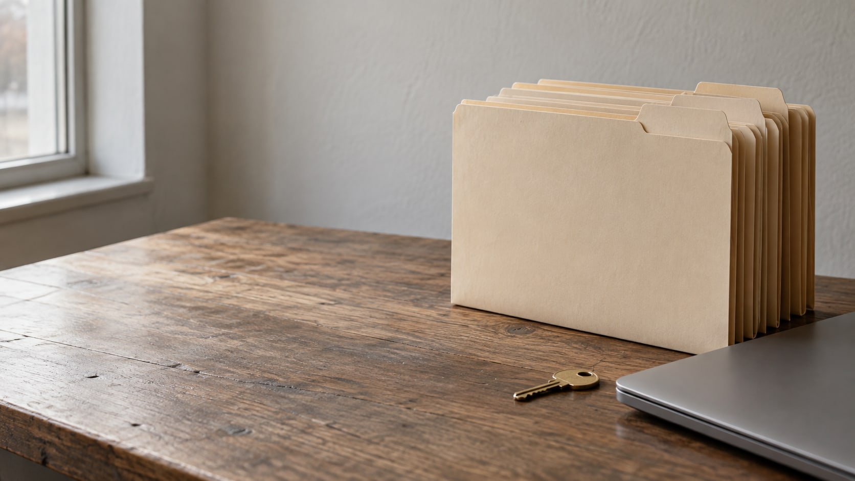 A neat row of blank manila file folders with plain tabs on a wooden desk beside a closed laptop and a small brass key.