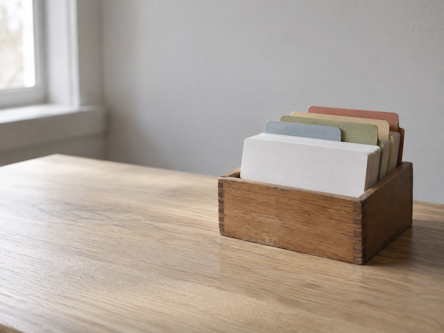 A small wooden box of blank index cards with plain colored dividers on a light oak table.
