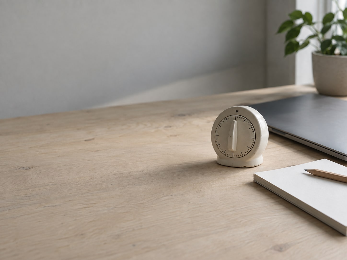 A kitchen timer beside a closed laptop and a blank notepad with a pencil on a pale wooden desk.