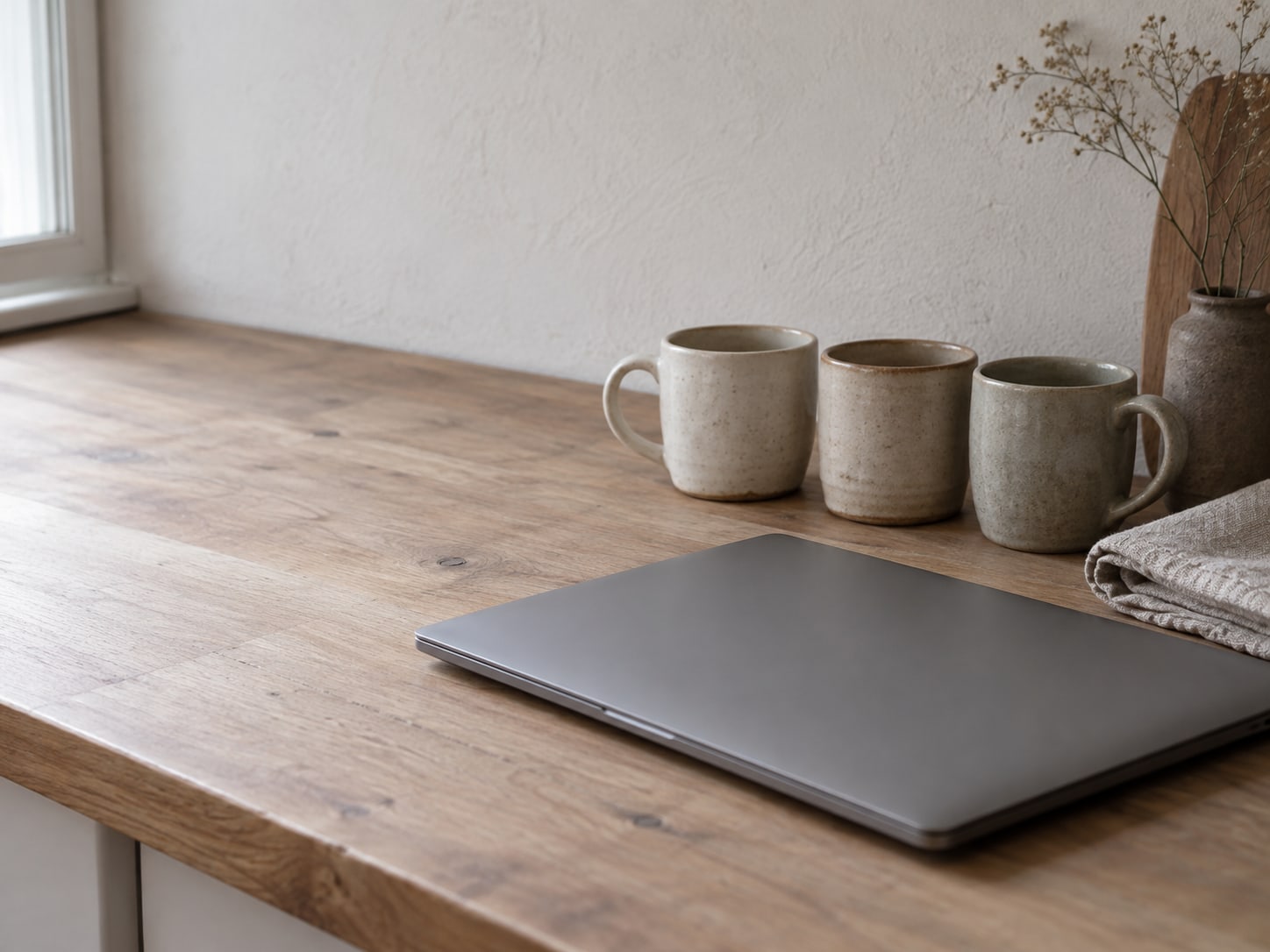 A closed laptop on a wooden counter beside a neat row of handmade ceramic mugs and a folded linen cloth.