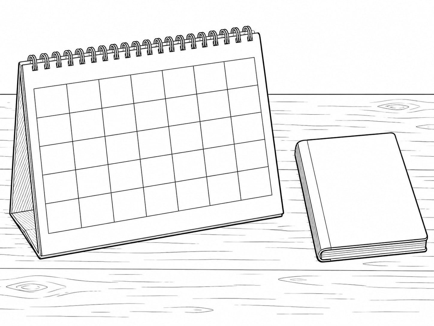 A paper desk calendar with several days left blank beside a closed notebook on a wooden desk.