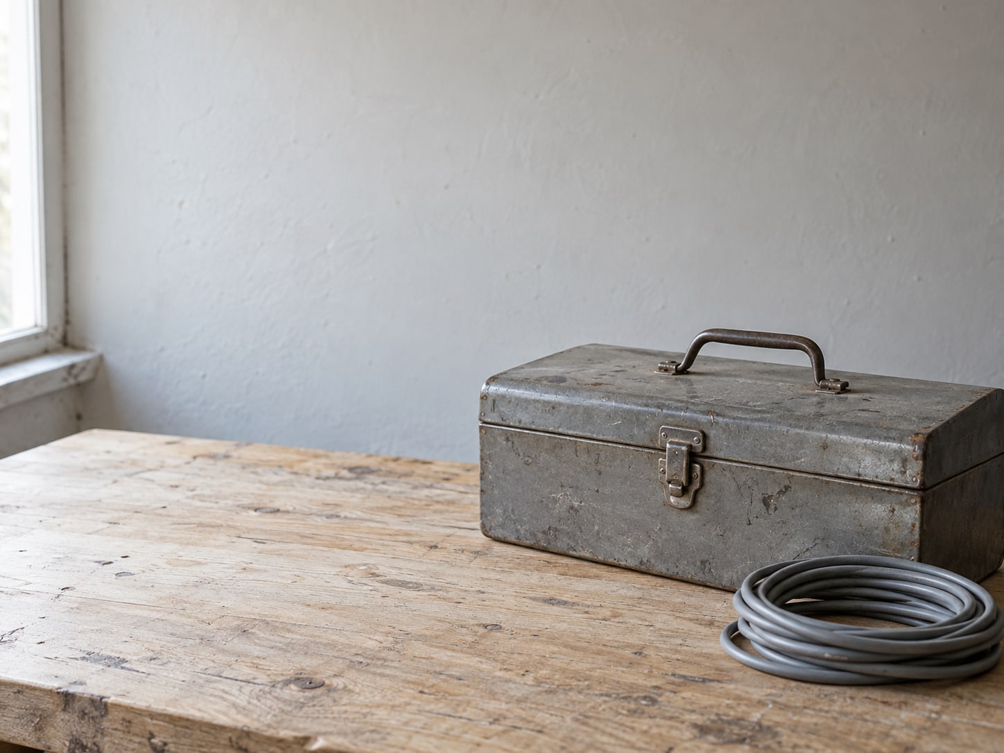 A closed metal toolbox on a workbench with a coil of cable resting beside it.