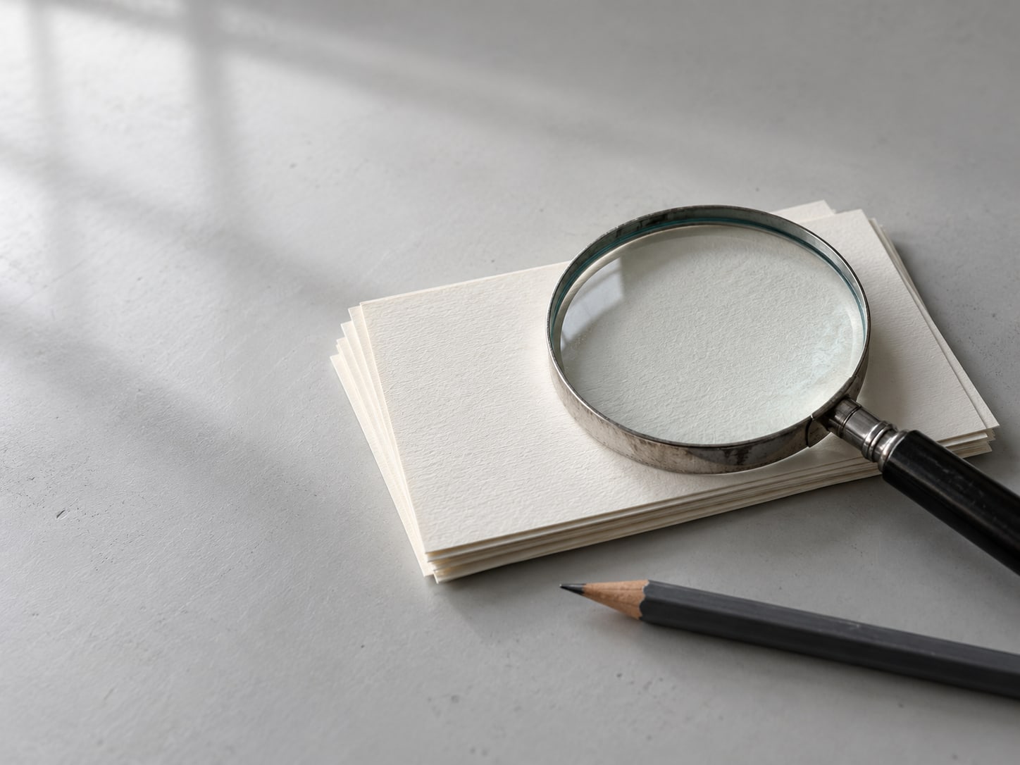 A magnifying glass resting on a small stack of blank index cards beside a pencil.