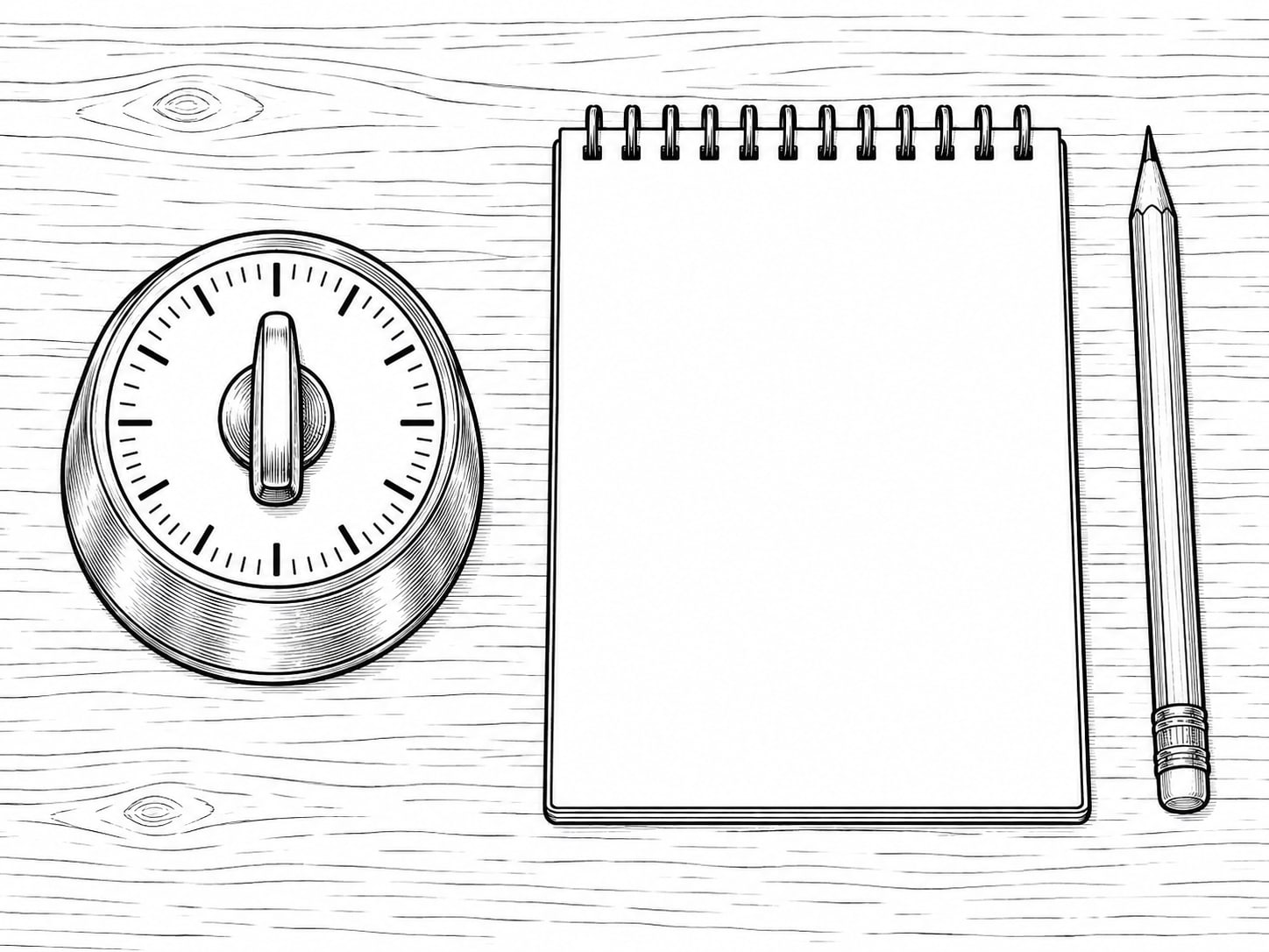A brass kitchen timer beside a blank notepad and a pencil on a table.