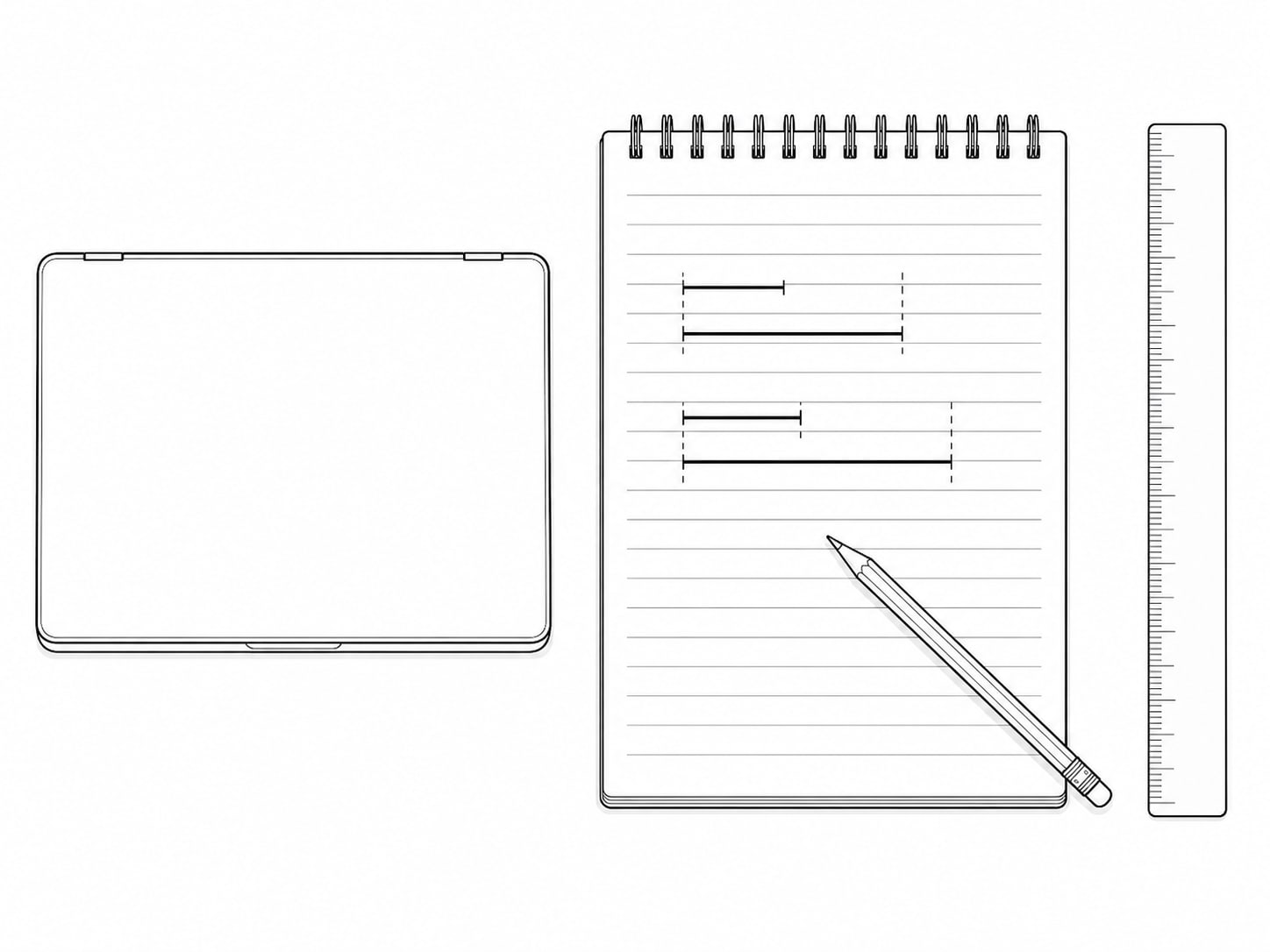 A closed laptop beside a ruler and a pencil resting on a blank lined notepad on a wooden desk.