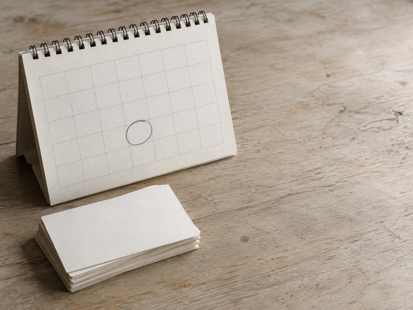 A paper desk calendar with one date circled in pencil and a small stack of blank index cards beside it.