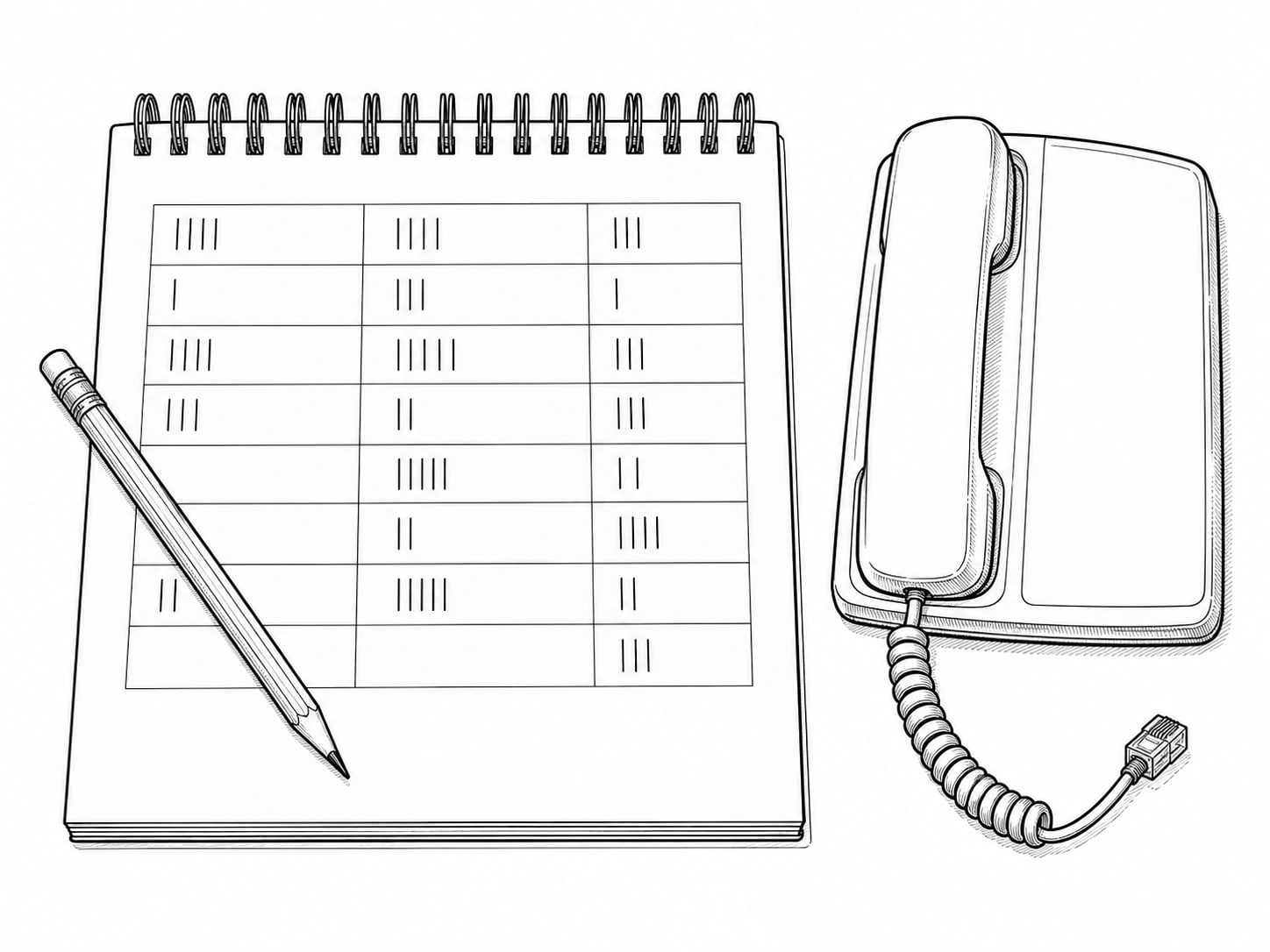 A spiral notebook with a pencil-ruled table of tally marks beside an unplugged desk phone.