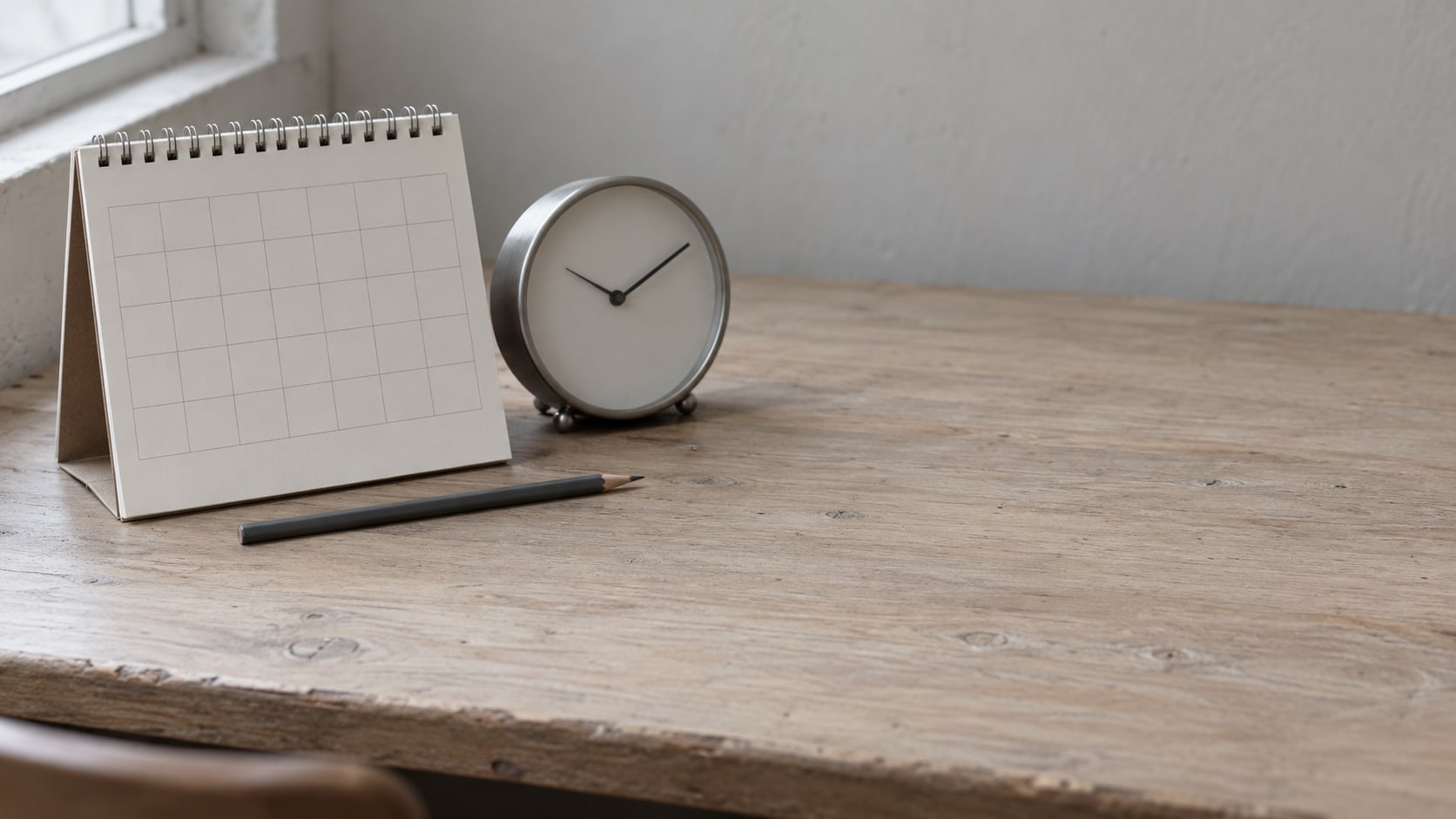 A paper desk calendar with the last few days left blank beside a pencil and a small analog clock on a wooden desk.