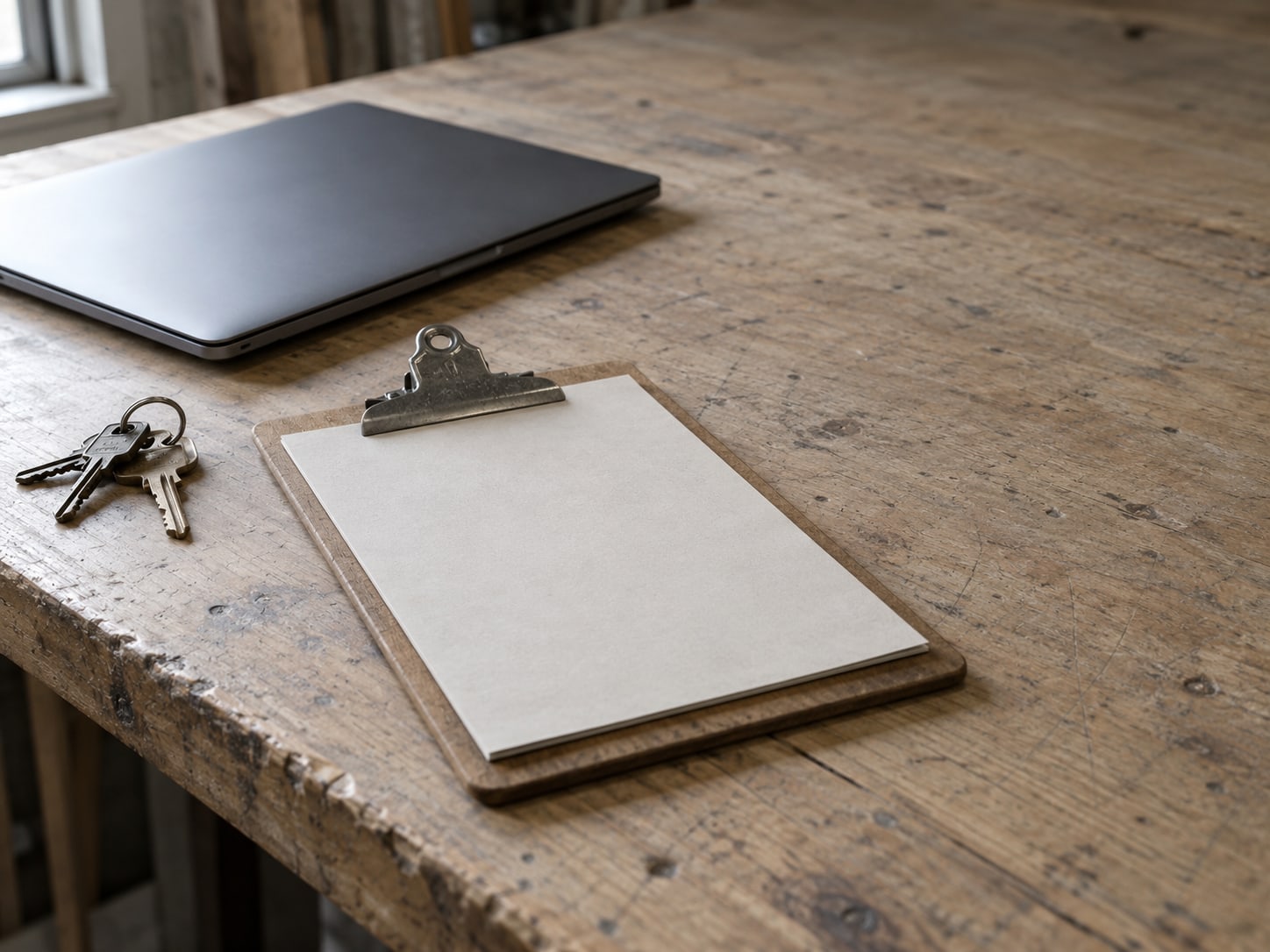 A ring of keys, a closed laptop and a blank clipboard resting on a shop counter before opening time.