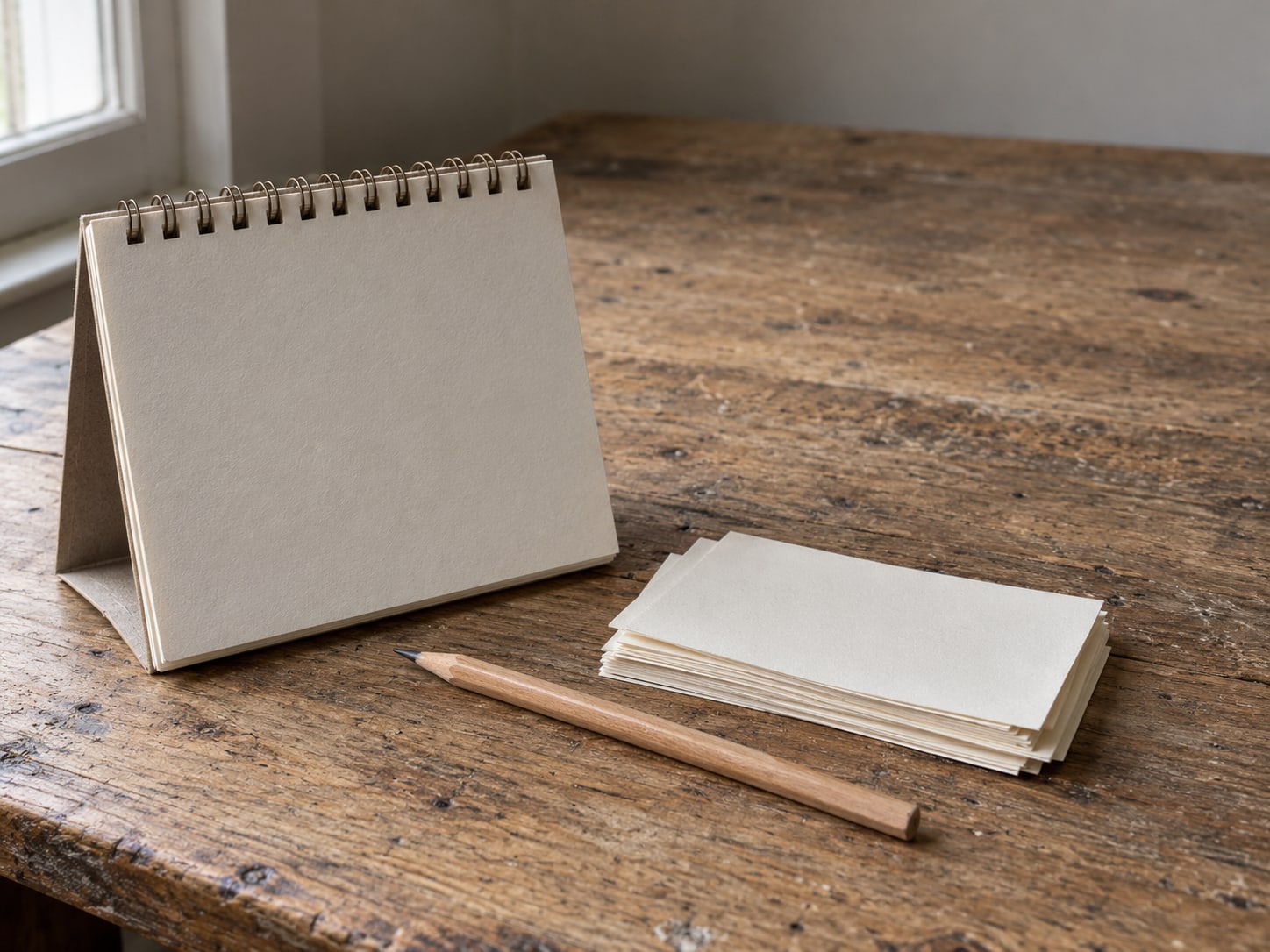 A closed paper desk calendar with a pencil laid across it, beside a small stack of blank index cards on a worn wooden desk.