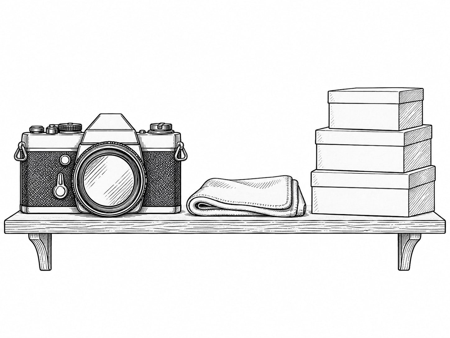 A camera, a soft cloth and a stack of plain unlabeled boxes on an otherwise empty shelf in a quiet shop.