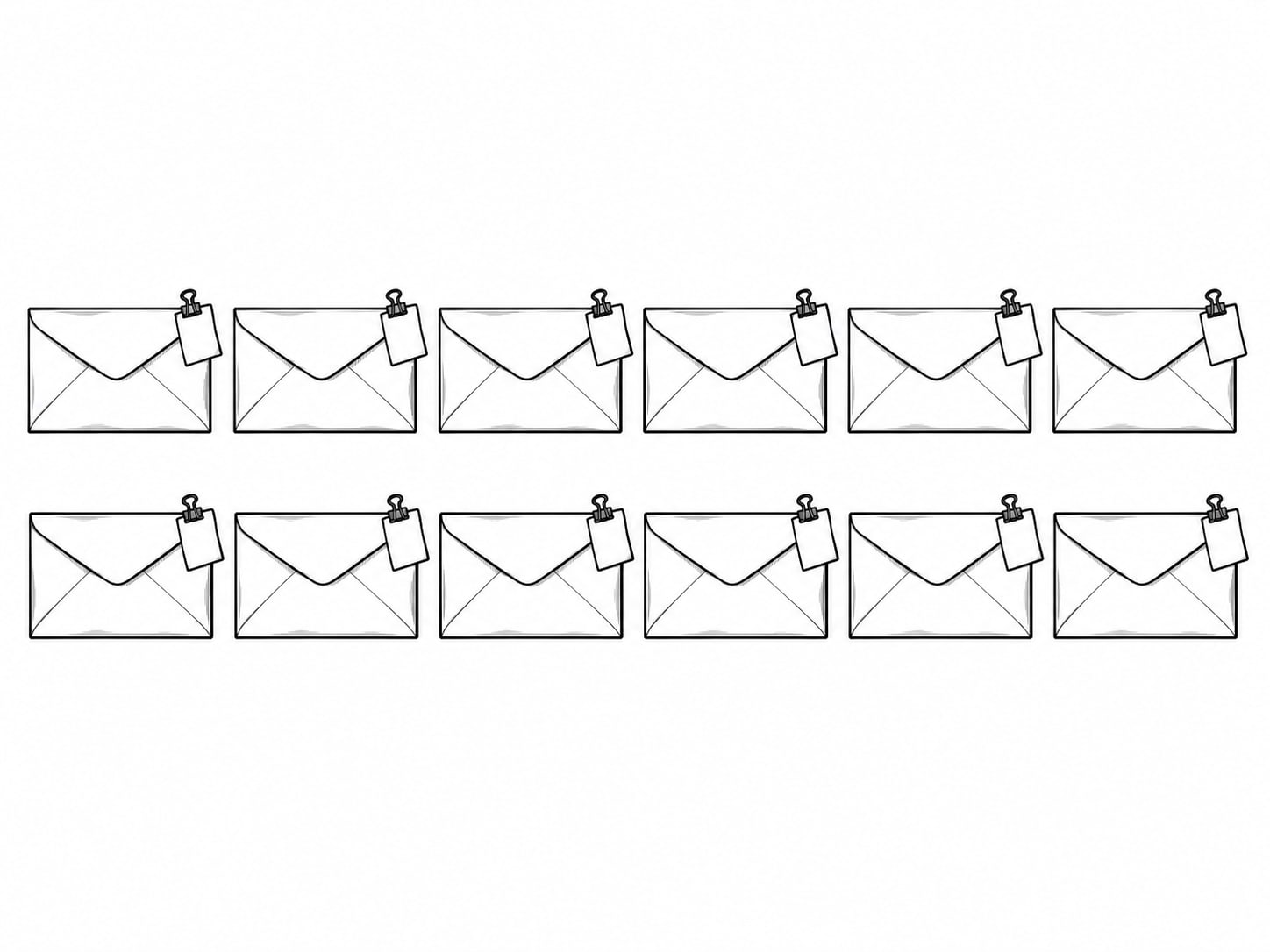 Twelve plain envelopes in two neat rows on a table, each with a small blank paper tab clipped to the corner.