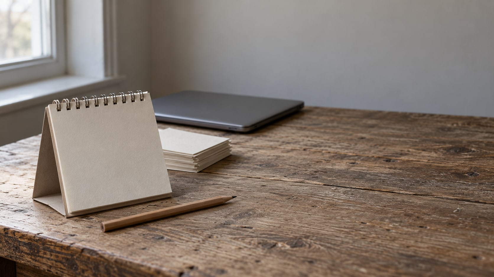 A closed paper desk calendar, a pencil and a small stack of blank index cards on a worn wooden desk beside a closed laptop.