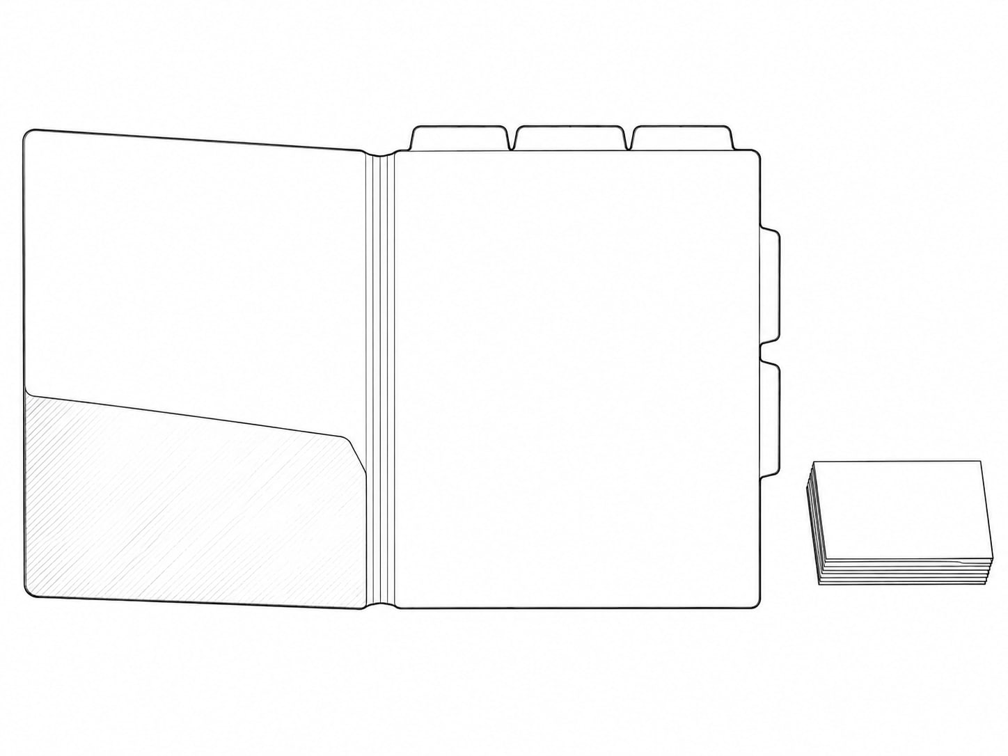 Una carpeta de manila con pestañas de colores abiertas sobre un escritorio, junto a un montón de tarjetas de presentación de papel con el frente en blanco.
