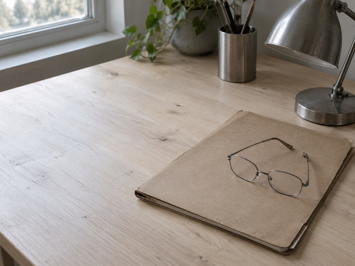 A pair of reading glasses resting on a closed folder beside a small desk lamp.