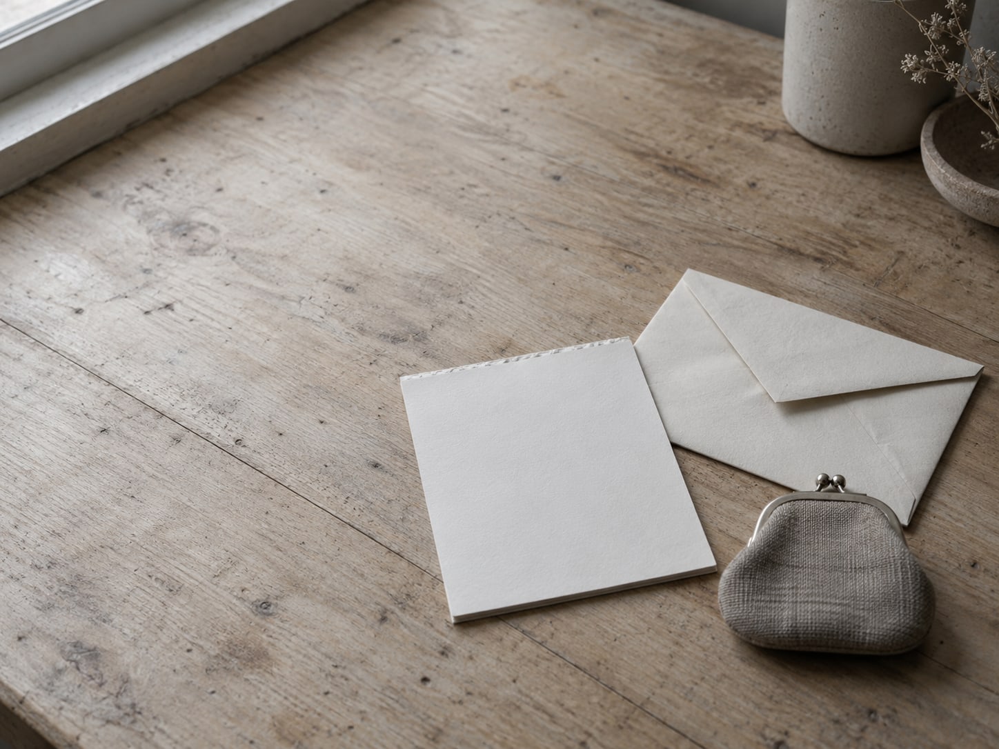A small calendar page beside a sealed envelope and a coin purse on a wooden counter.