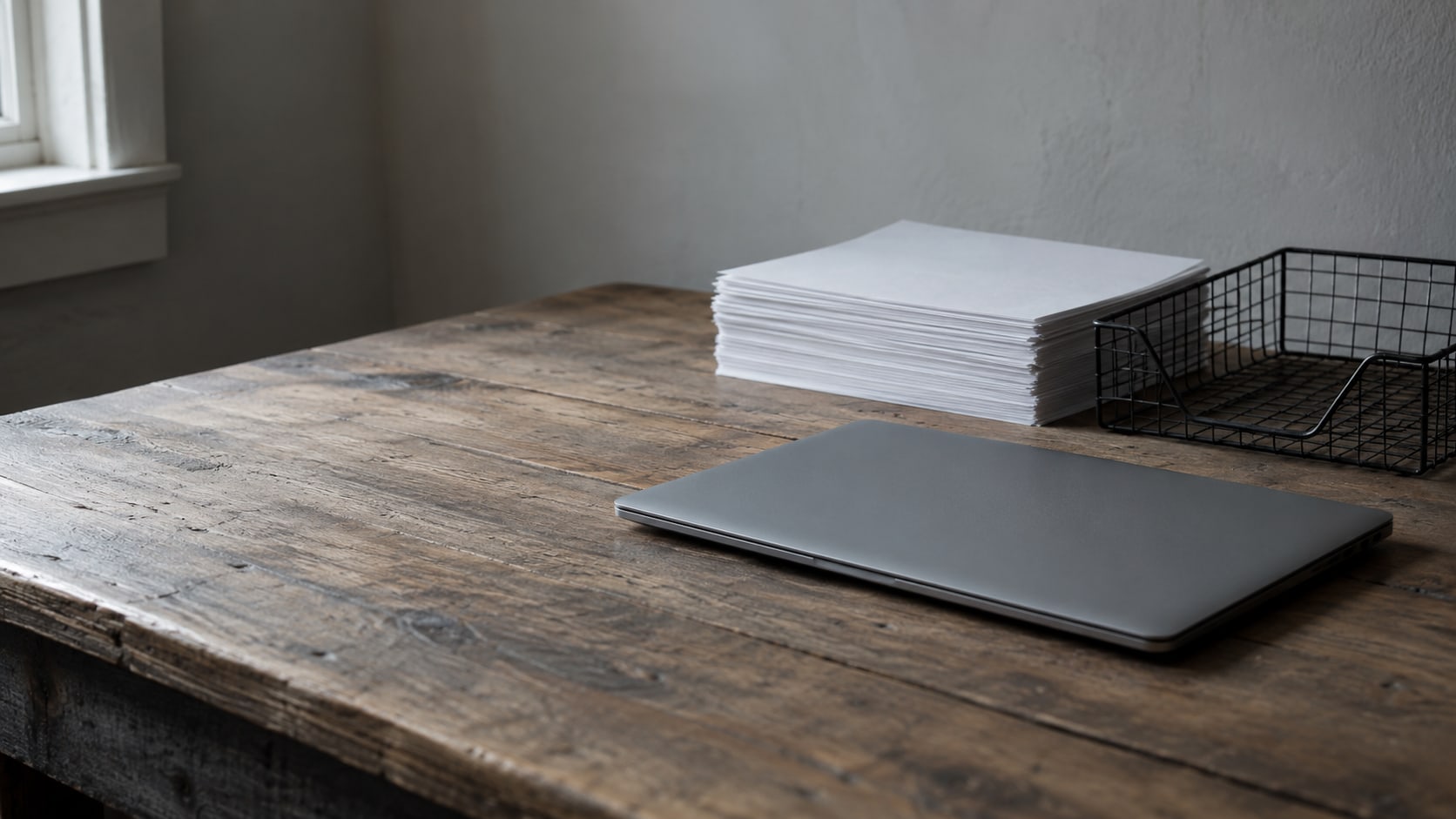 A closed laptop beside a stack of blank printed pages and a wire inbox tray on a wooden desk.