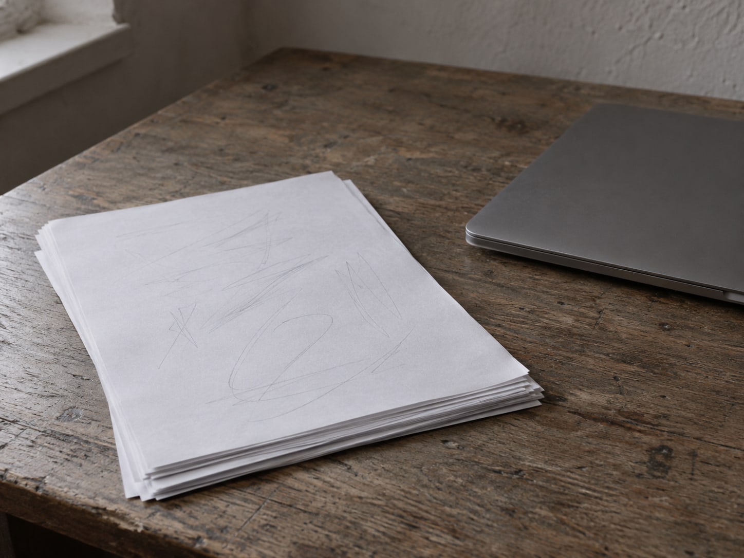Una pila de hojas impresas en blanco con tenues marcas de lápiz junto a una laptop cerrada sobre un escritorio de madera.