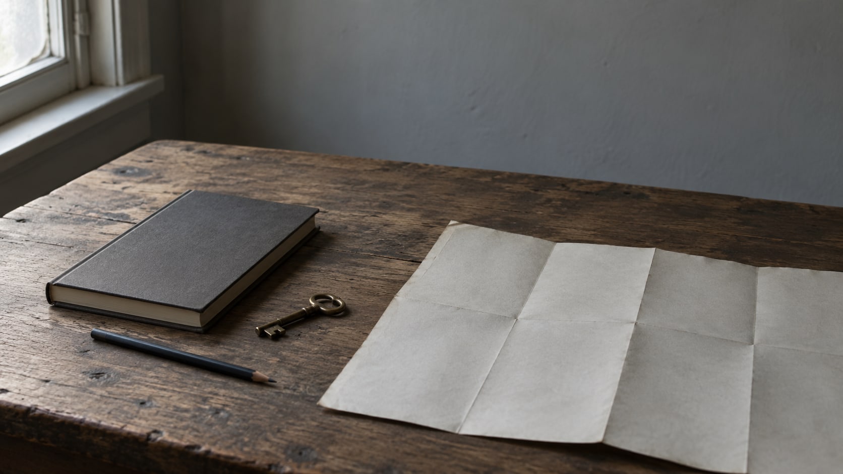 A closed notebook, a small brass key and a pencil on a worn wooden desk beside a folded paper map.