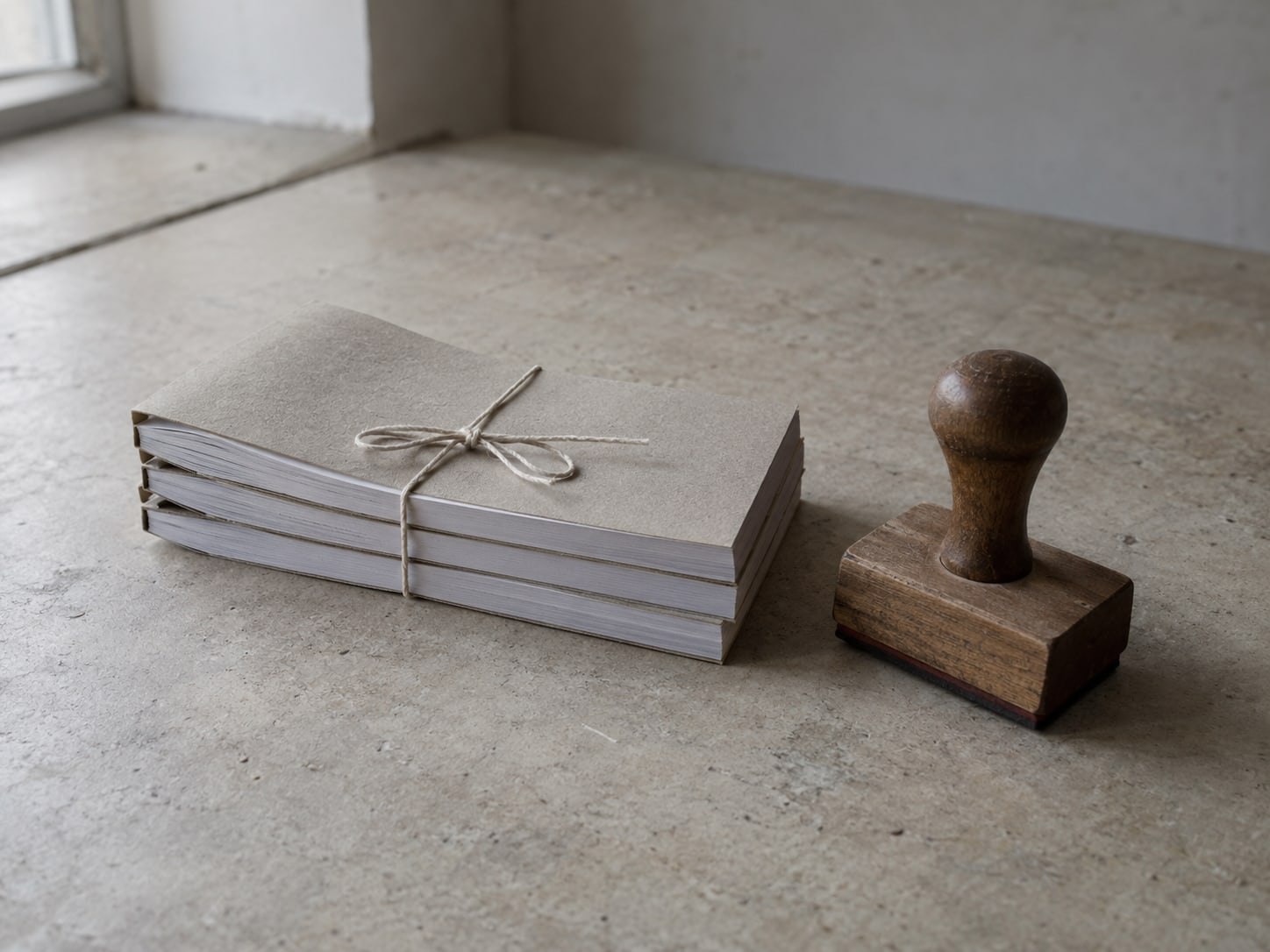 A stack of blank carbon-copy receipt books tied with string beside a rubber stamp on a counter.