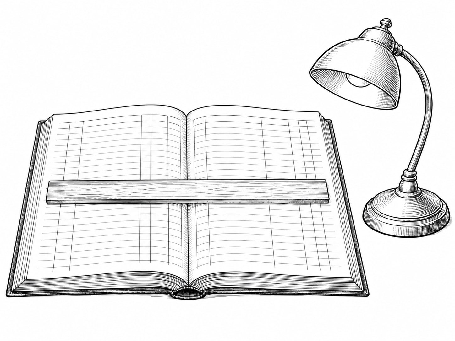 An open ledger book and a wooden ruler lying across its pages next to an unlit desk lamp.