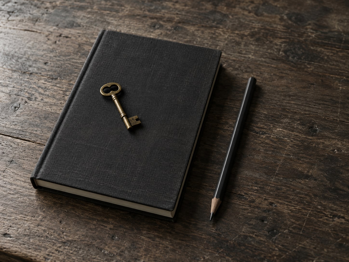 A small brass key resting on a closed notebook beside a pencil on a worn wooden desk.