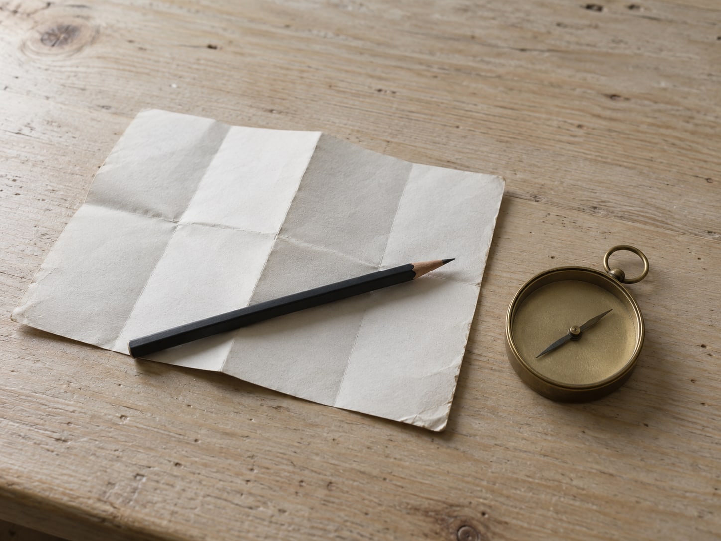 A paper map folded beside a small compass on a bare table, with a pencil laid across it.