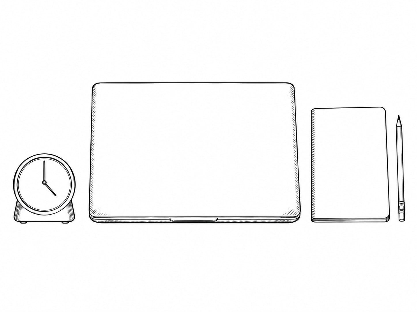 Un temporizador de cocina blanco junto a una laptop cerrada y un bloc de notas en blanco sobre un escritorio de madera clara.