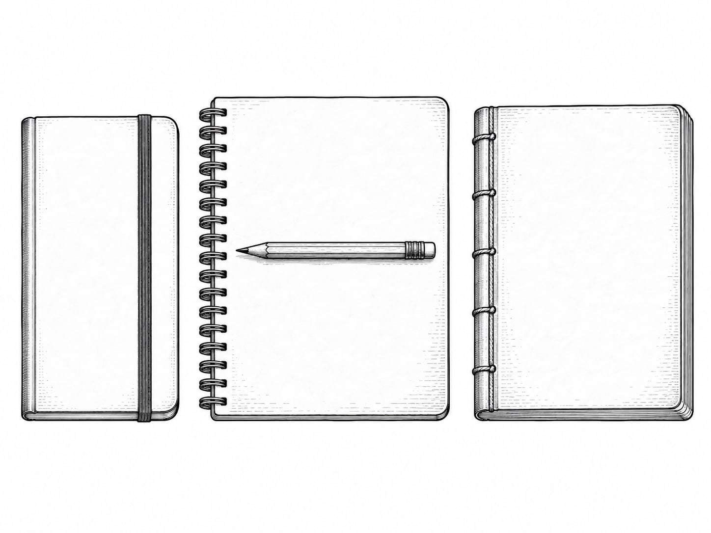 Tres cuadernos cerrados de colores distintos alineados uno junto a otro sobre una mesa de madera clara, con un lápiz cruzado sobre el del medio.
