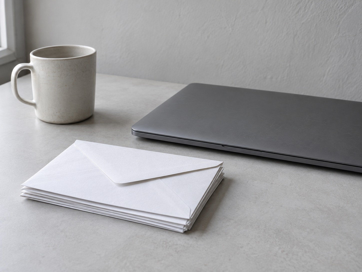 A small stack of blank white envelopes beside a closed laptop and a ceramic mug on a light gray desk.