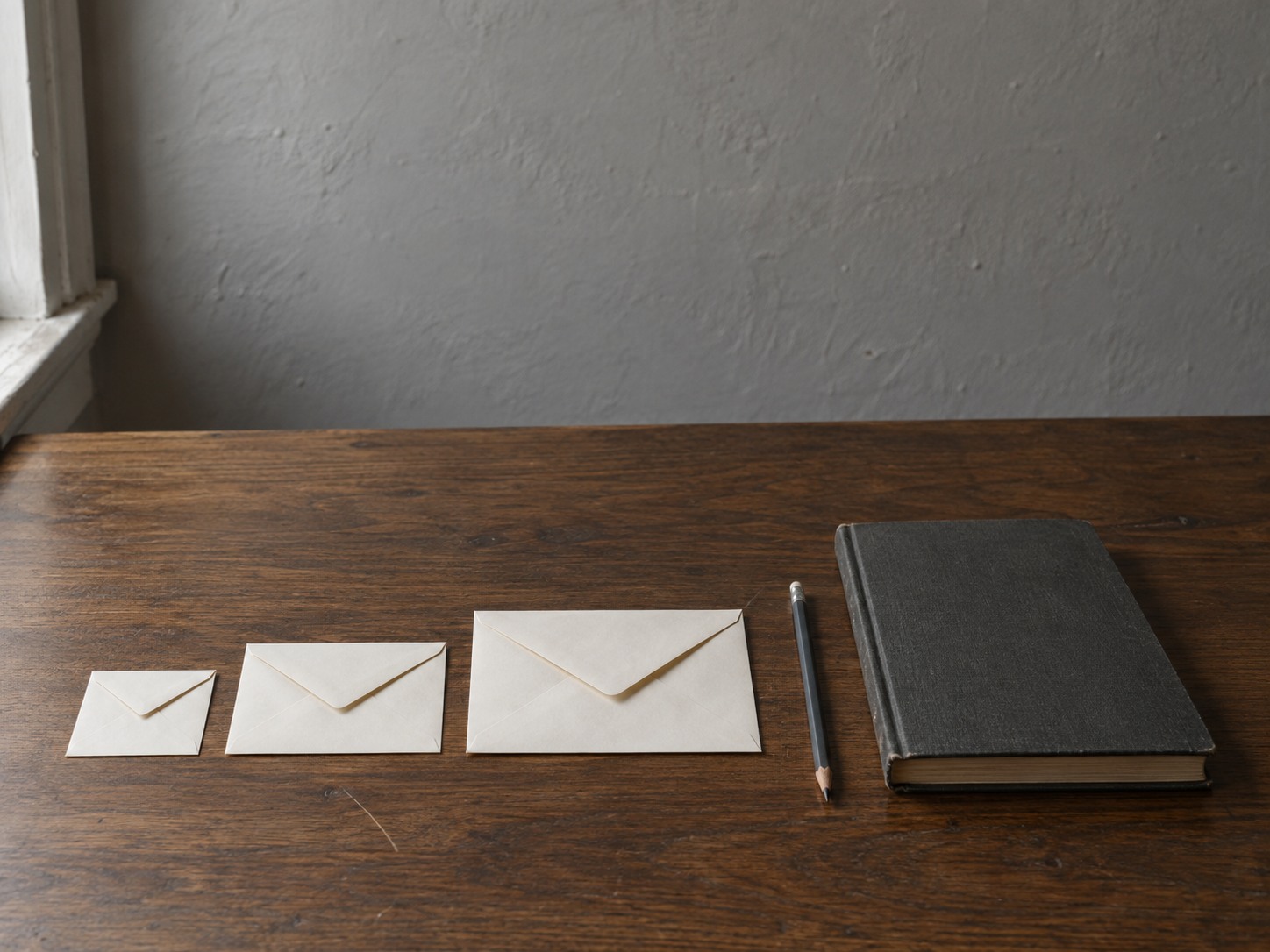 Three small paper envelopes of different sizes arranged in a row beside a pencil and a closed ledger on a walnut table.