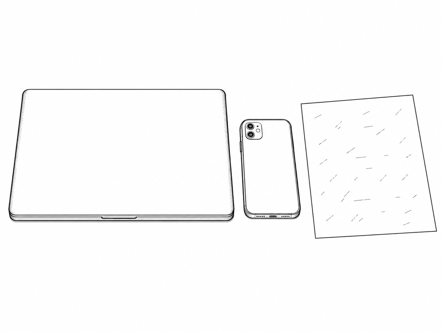 A closed laptop and a face-down phone side by side on a clean white desk next to a single printed page covered in faint pencil ticks.
