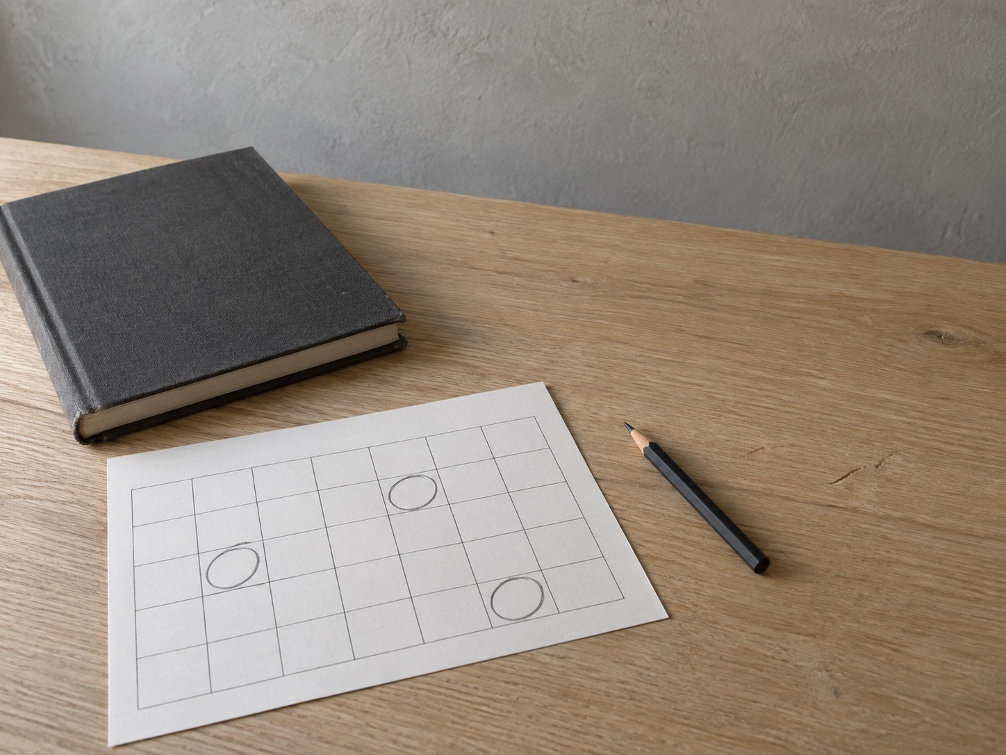 A closed hardcover notebook and a small paper calendar with a few blank squares lightly circled in pencil on a pale oak desk.
