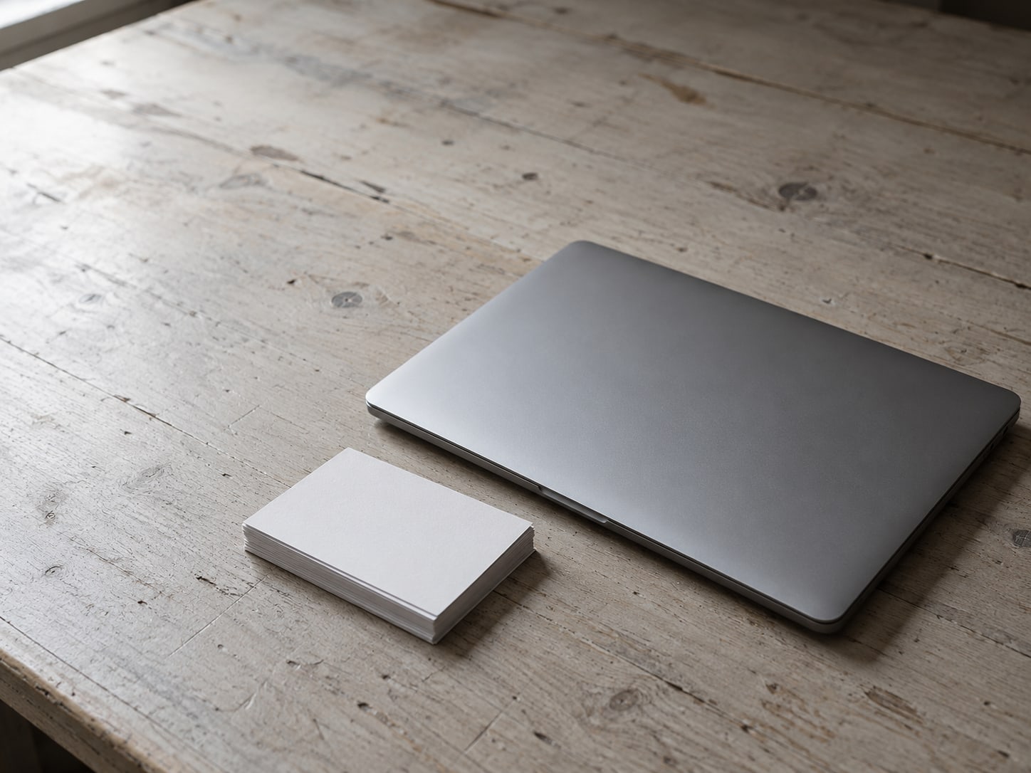 A closed laptop beside a small stack of blank index cards on a plain wooden desk.