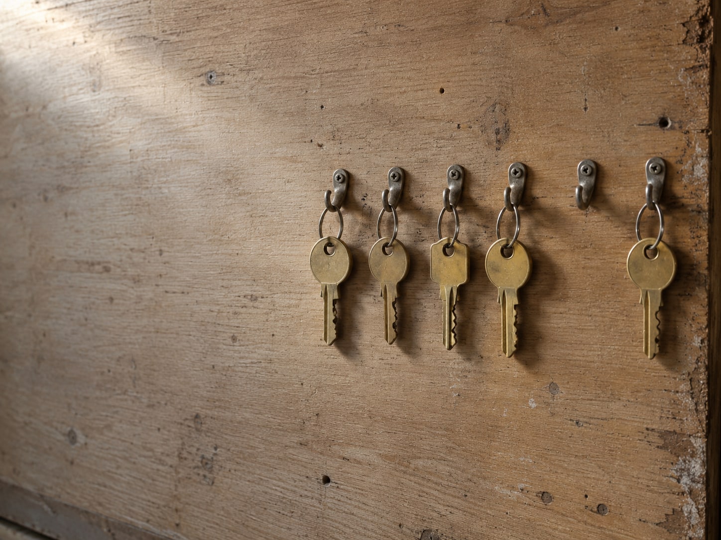 A tidy row of keys hanging from small hooks on a wooden board, one hook left empty.