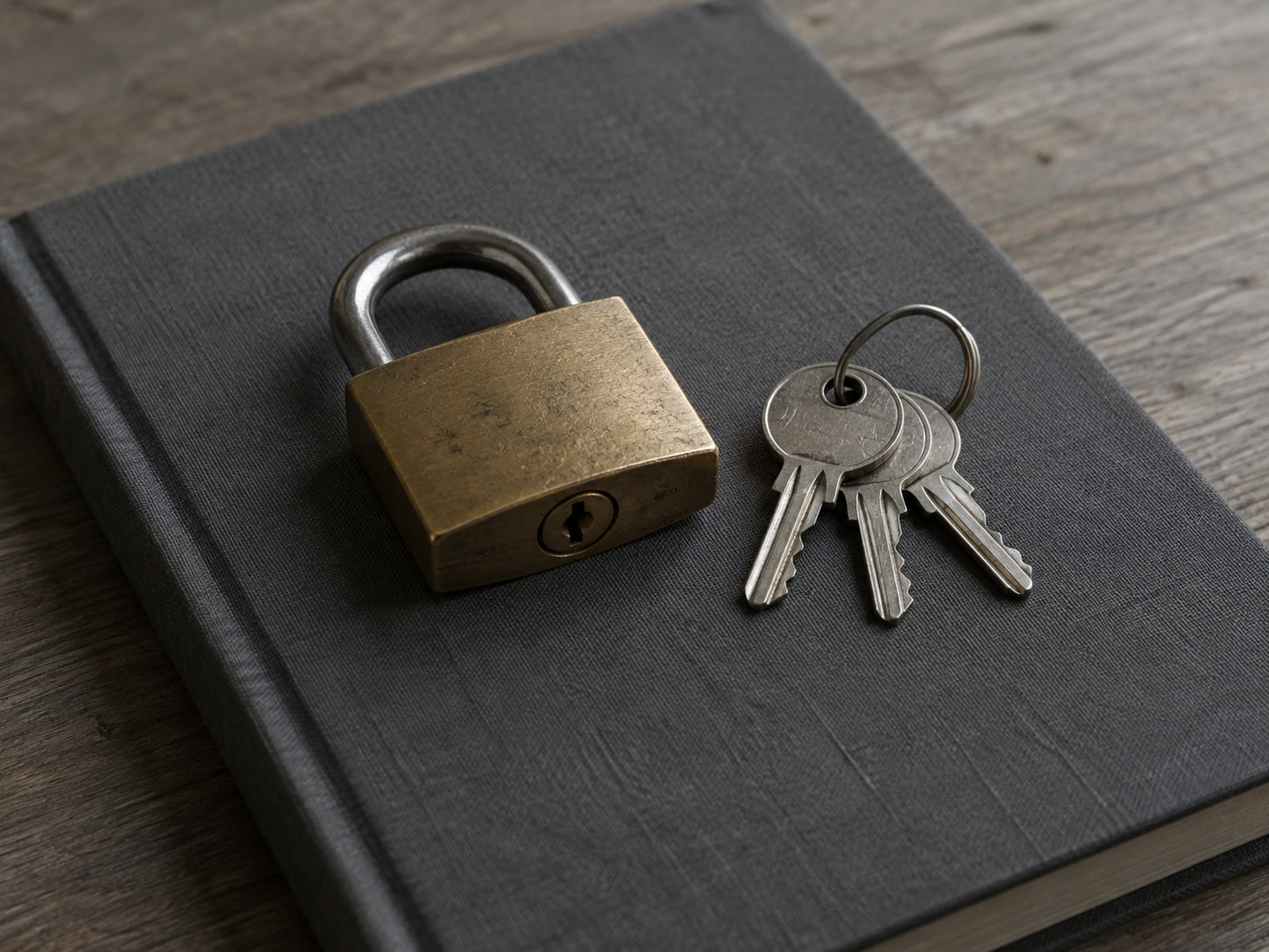A brass padlock and a ring of three keys resting on a closed notebook.