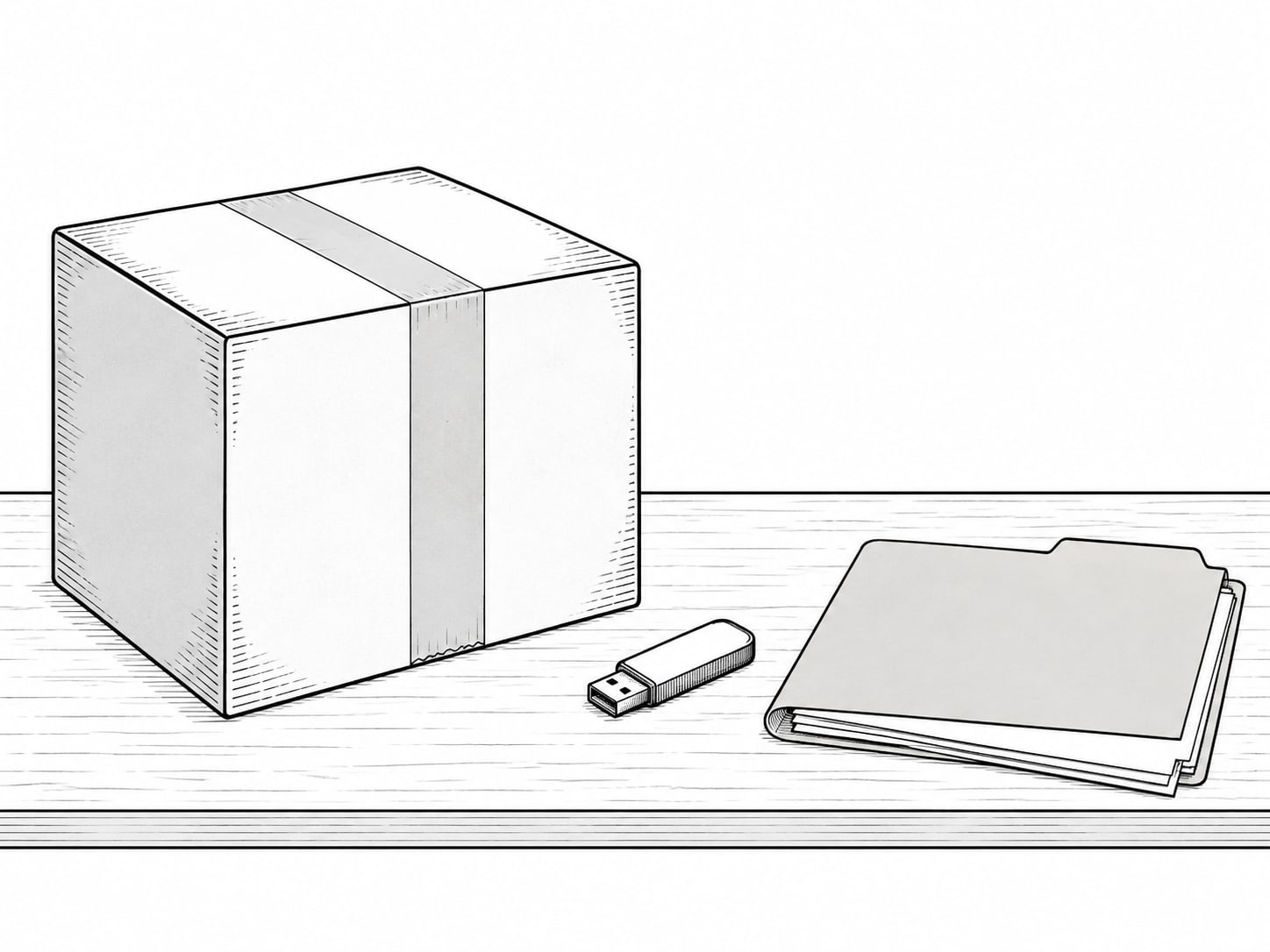 A taped cardboard moving box beside a folder of blank papers and a USB drive on a table.
